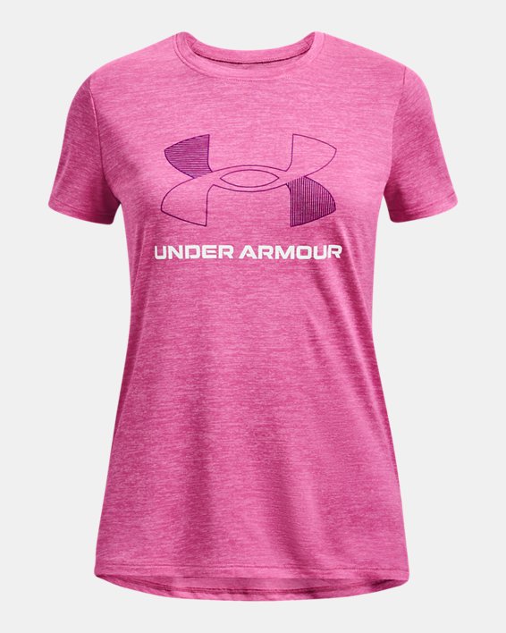 เสื้อแขนสั้น UA Tech™ Twist Big Logo สำหรับเด็กผู้หญิง in Pink image number 0